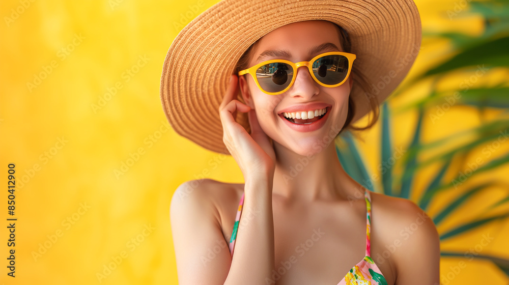 A beautiful woman wearing a colorful summer dress, a wide-brimmed hat, and sunglasses. She strikes a pose full of excitement expressing her joy. Pineapple Yellow Background A beautiful woman wearing a colorful summer dress, a wide-brimmed hat, and sunglasses. She strikes a pose full of excitement expressing her joy. Pineapple Yellow Background