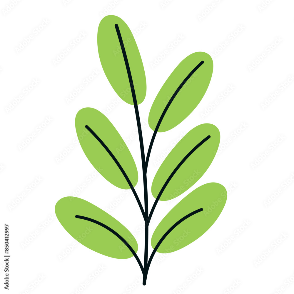 Naklejka premium Branch with green leaves, one branch with green bright leaves in doodle style. Hand drawn vector