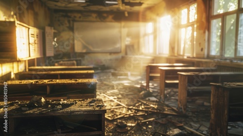 An abandoned classroom filled with debris and bathed in warm sunlight, evoking a sense of nostalgia and decay.