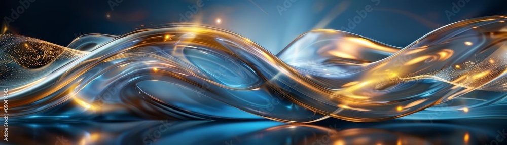 Obraz premium Fluid and graceful abstract lines in gold and blue, dynamic movement, calming and sophisticated aesthetic