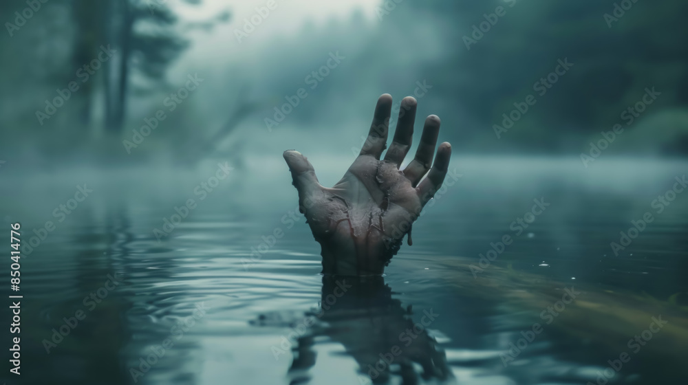 Fototapeta premium Spooky hand rising from secluded lake, softly blurred