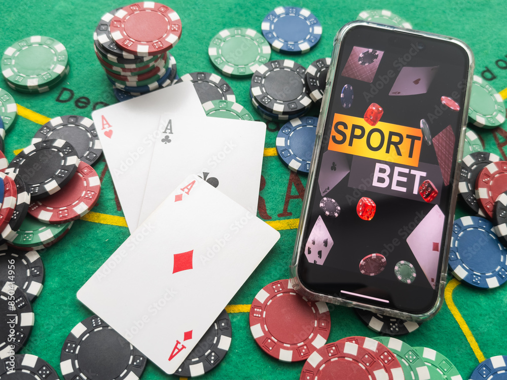 Fototapeta premium Gambling online casino Internet betting concept green screen. smartphone with poker chips, dice. Jackpot, casino chips.