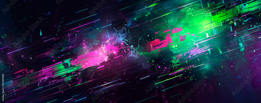 Fototapeta premium A dynamic mix of lines and dots in various shades and sizes on a colorful abstract background, visually striking composition. Banner. Copy space.