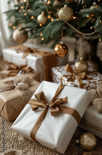 Beautifully Wrapped Christmas Gifts Under a Decorated Tree © olegganko