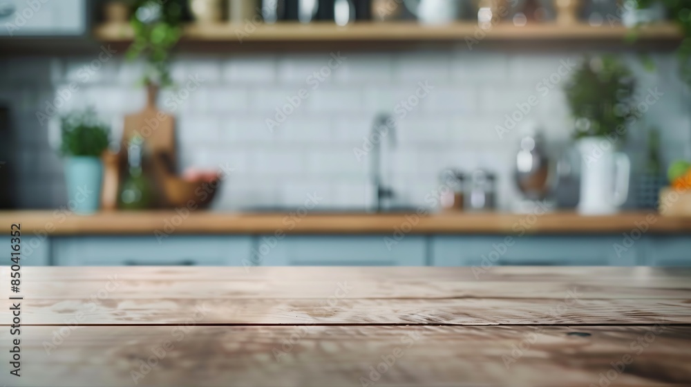 Wood table top on blurred kitchen background can be used mock up for montage products display or design layout : Generative AI Wood table top on blurred kitchen background can be used mock up for montage products display or design layout : Generative AI