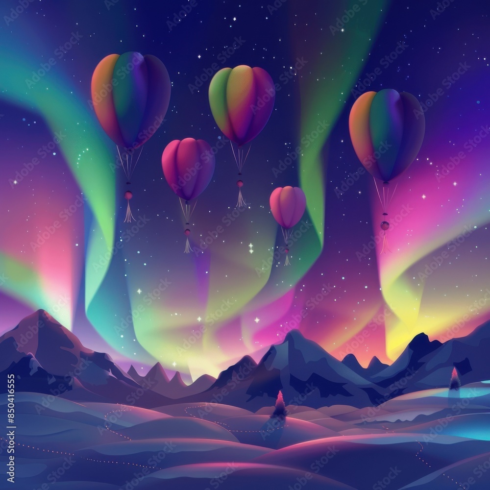 Festive balloons and northern lights in a New Year celebration, vibrant and colorful scene, perfect for holiday marketing. Festive balloons and northern lights in a New Year celebration, vibrant and colorful scene, perfect for holiday marketing.