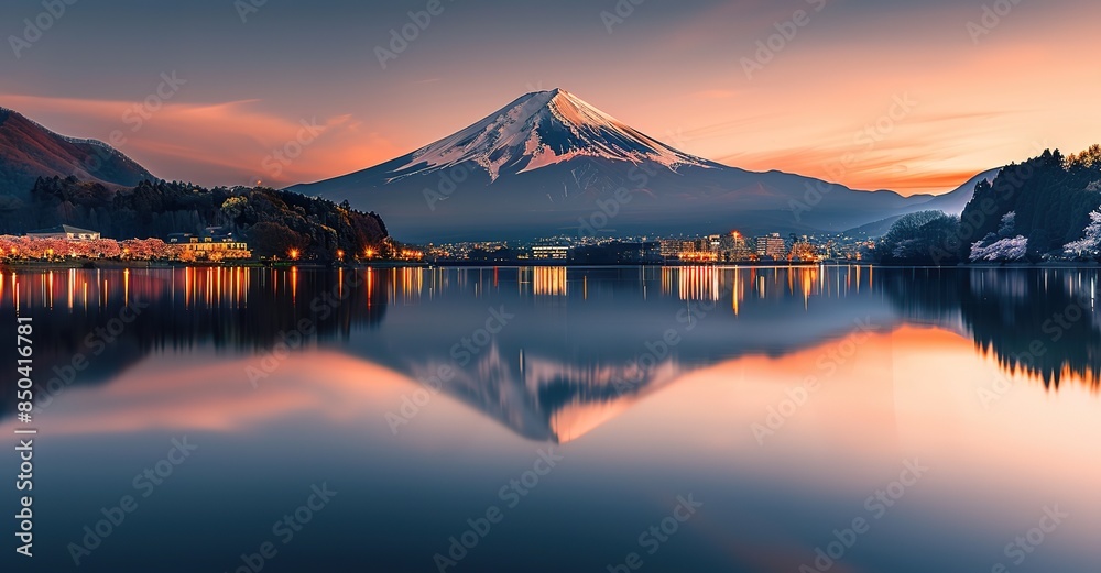 A large lake with a backdrop of icebergs and a beautiful sunset A large lake with a backdrop of icebergs and a beautiful sunset