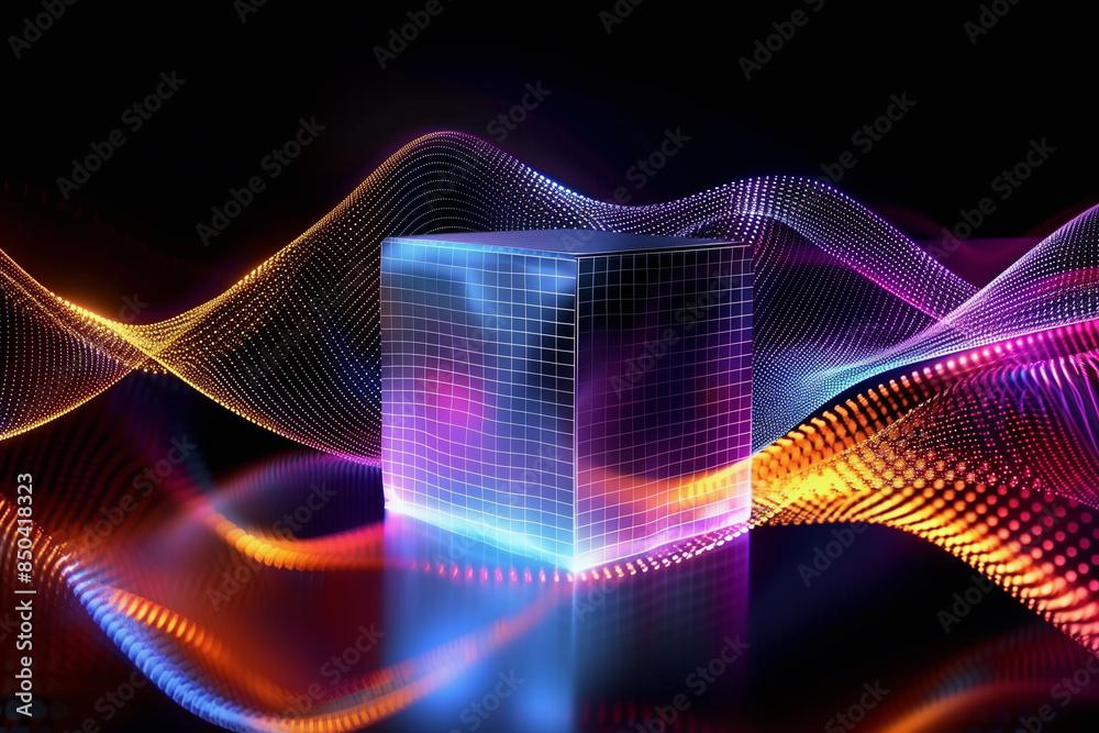 A glowing, futuristic 3D cube with vibrant, multicolored light patterns on a black background A glowing, futuristic 3D cube with vibrant, multicolored light patterns on a black background