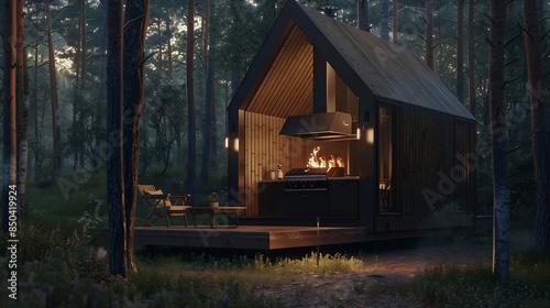 Wallpaper Mural A frame scandinavian modern tiny house with BBQ zone in the woods : Generative AI Torontodigital.ca