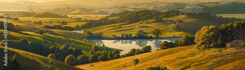 A serene landscape of rolling hills and a peaceful lake at sunset, showcasing the beauty of nature and tranquility in harmony.