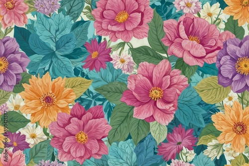 Wallpaper Mural Lush floral pattern with vivid flowers and leaves, background for invitation, mother's day card Torontodigital.ca
