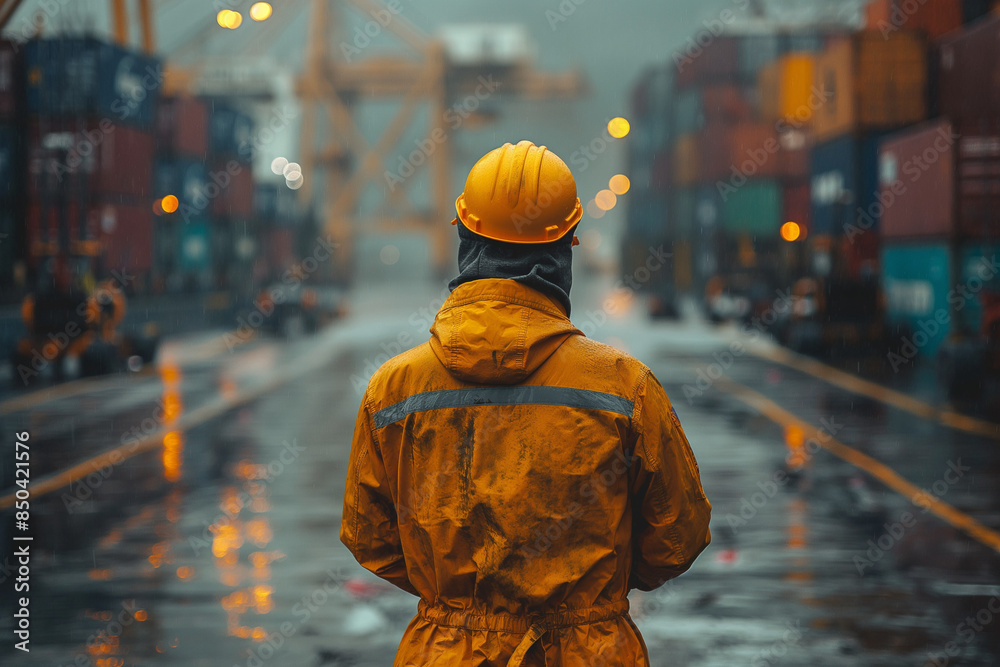 a photo of a worker walking on to seaport a photo of a worker walking on to seaport