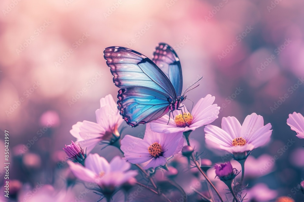 A blue butterfly sits on the petals of a purple flower, showcasing its delicate beauty
