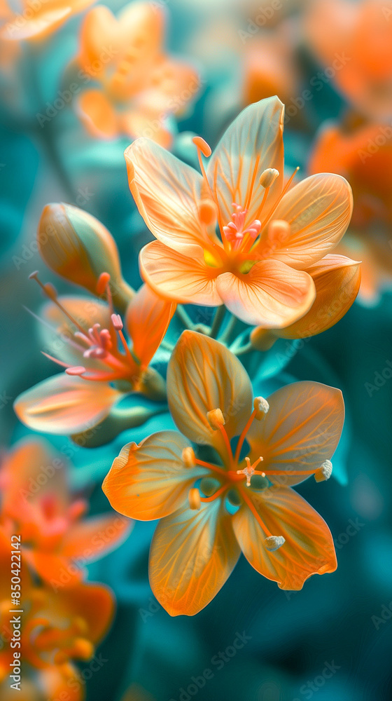 Naklejka premium Atmospheric natural background with orange flowers closeup on turquoise background. Wallpaper. Vertical