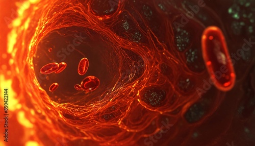 Microscopic image of blood flowing through an artery, emphasizing cardiovascular system, medical research, and health care. Anatomy and disease management in clinical settings.