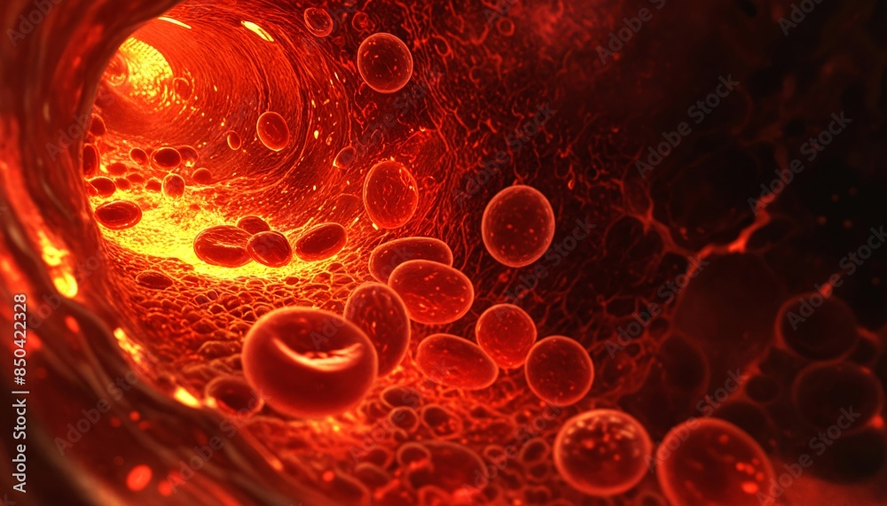 Blood cells flowing through an artery, emphasizing cardiovascular research, health care, and medical science. Detailed study of disease, anatomy, and cellular structure. Blood cells flowing through an artery, emphasizing cardiovascular research, health care, and medical science. Detailed study of disease, anatomy, and cellular structure.