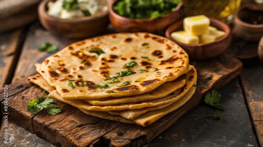 Fresh flatbread served on a rustic wooden cutting board, great for snack or meal Fresh flatbread served on a rustic wooden cutting board, great for snack or meal