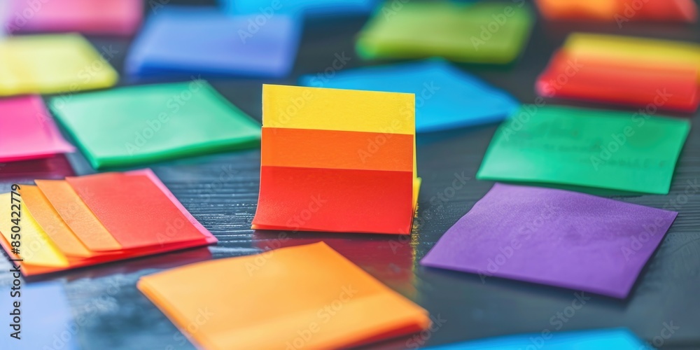 A collection of vibrant sticky notes arranged on a table surface, great for office or study use A collection of vibrant sticky notes arranged on a table surface, great for office or study use
