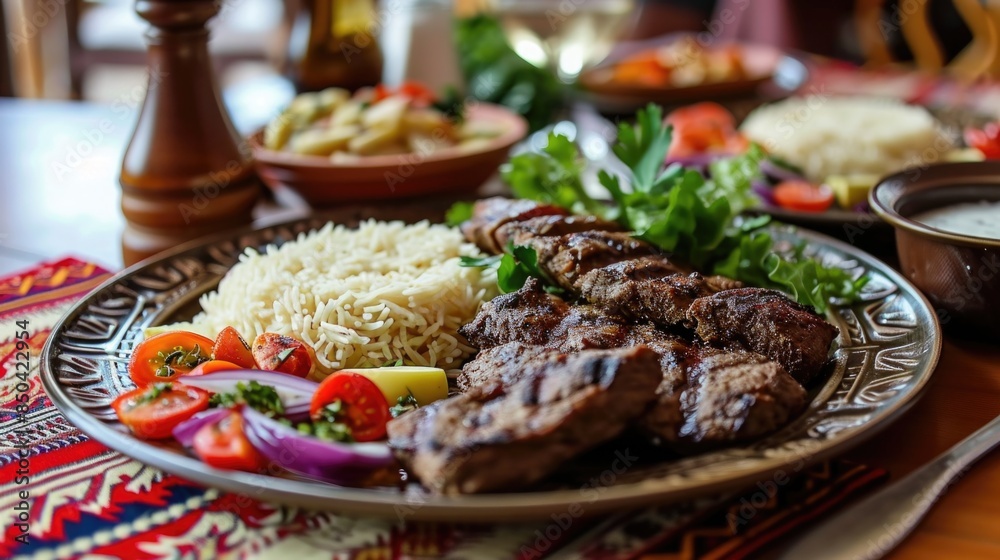 A warm and satisfying meal featuring meat, rice, and mixed vegetables A warm and satisfying meal featuring meat, rice, and mixed vegetables