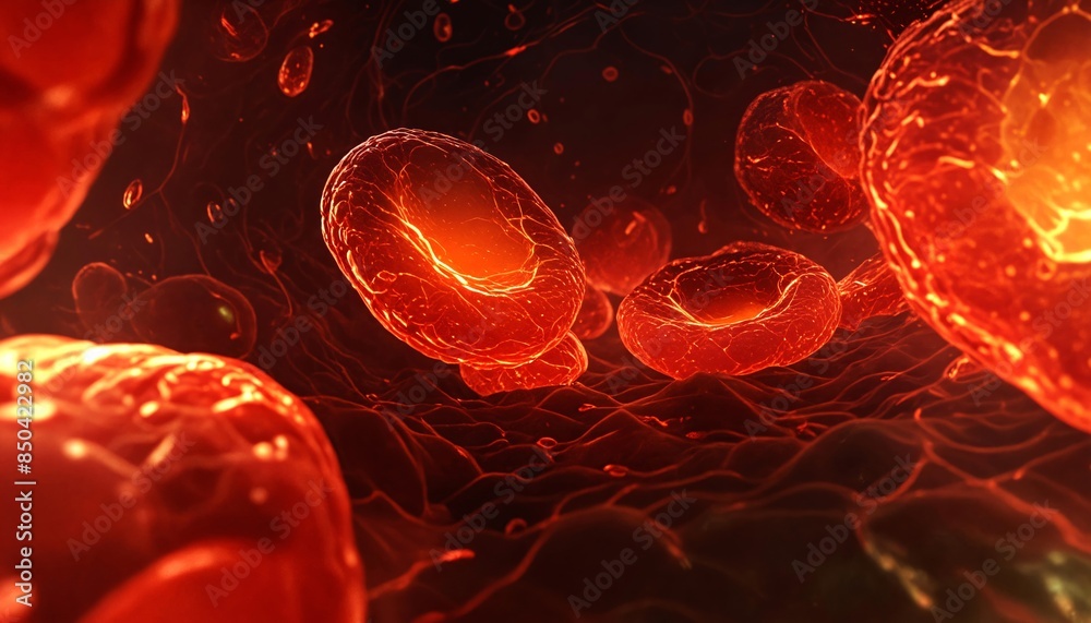 Fototapeta premium Blood cells in motion within an artery, showcasing scientific research, cardiovascular health, and medical treatment. Focus on anatomy, disease prevention, and microscopic analysis.