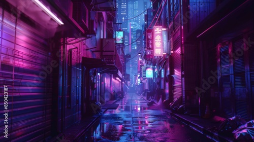 Neon-lit cyber alleyway futuristic cityscape cyberpunk