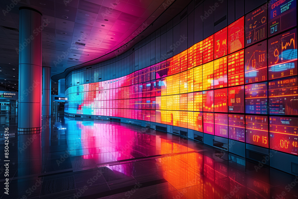 A vibrant, futuristic hallway illuminated by colorful digital screens displaying dynamic graphics and data, heat map A vibrant, futuristic hallway illuminated by colorful digital screens displaying dynamic graphics and data, heat map