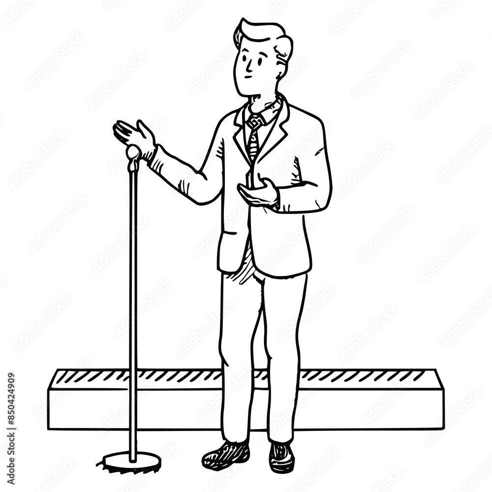 Continuous line drawing a business man speaking in front of a microphone concept of speech, presentation, speaker, conference vector illustration generated Ai Continuous line drawing a business man speaking in front of a microphone concept of speech, presentation, speaker, conference vector illustration generated Ai