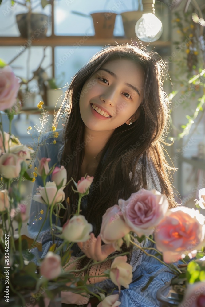 Fototapeta premium asian young students female making Preserved rose flowers, sweet smile, looking into camera, smell the rose, in the sunny bright room, photograph 
