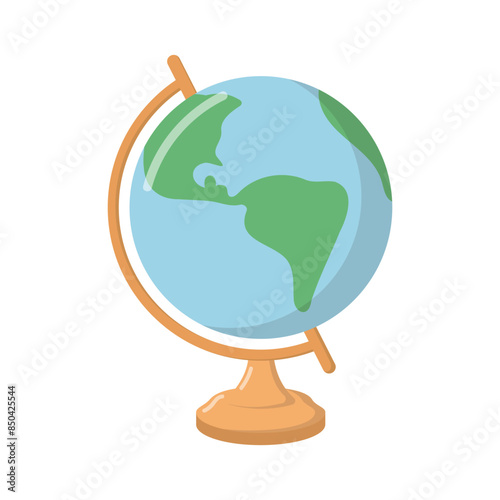 School world globe with stand. Continents and ocean model sphere. Education and travel element. Isolated on white background