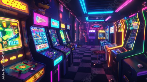 Retro arcade game room colorful cabinets glowing screen