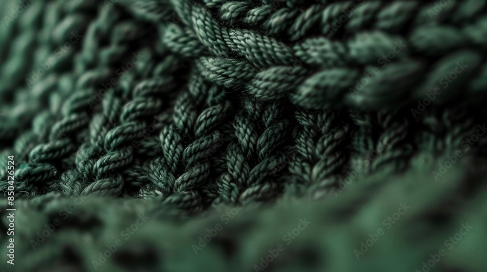 Extreme close-up of a knitted mitten, dense stitches, forest green, sharp detail. Extreme close-up of a knitted mitten, dense stitches, forest green, sharp detail.
