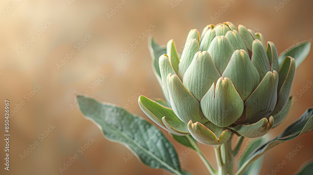 A majestic artichoke with a closed, green globe and a thick stem floats against a light brown background. A majestic artichoke with a closed, green globe and a thick stem floats against a light brown background.