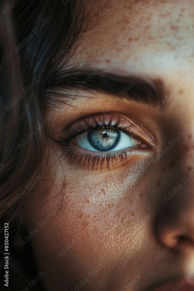 A close-up view of a woman's eye featuring freckles