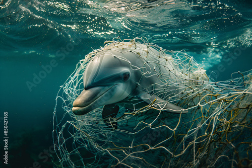Trapped dolphin in underwater net, emphasizing the dangers of fishing gear to marine life and environmental protection
