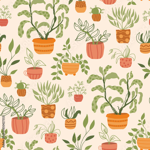 Potted plants seamless vector pattern. My home garden green decor on a beage background. Flat vector illustration for paper, fabric, textile printing.