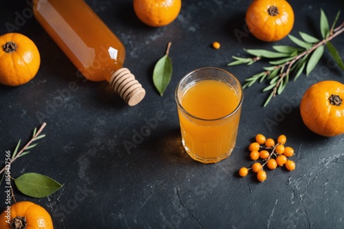 A bottle of homemade drink with honey, sea buckthorn and vitamin C. Autumn drinks. On a dark background. photo