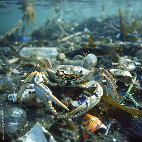 Crab among ocean plastic waste, illustrating marine pollution and environmental impact for conservation awareness and educational use photo