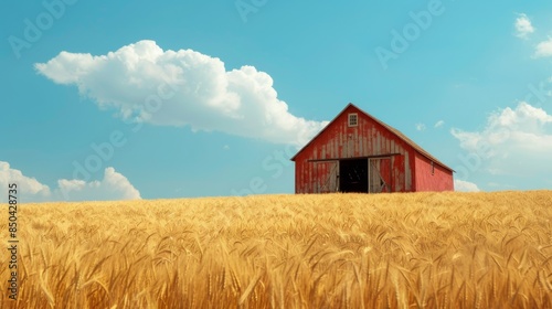 Rustic barn in a golden wheat field blue skies peaceful