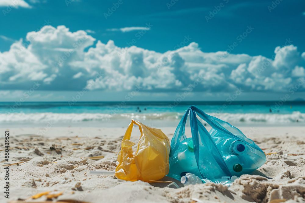Beach littered with plastic bottles and debris illustrating the global issue of marine pollution and its harmful effects on the ecosystem. Suitable for educational materials, environmental studies, an