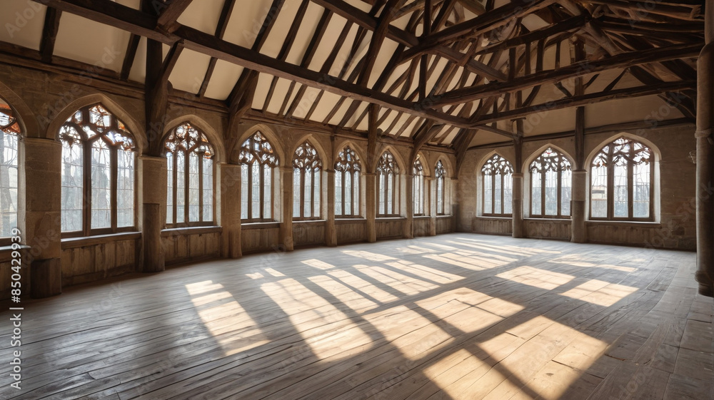 A deserted medieval banquet hall with large windows allowing bright light to pour over ancient wooden beams, Generative AI A deserted medieval banquet hall with large windows allowing bright light to pour over ancient wooden beams, Generative AI