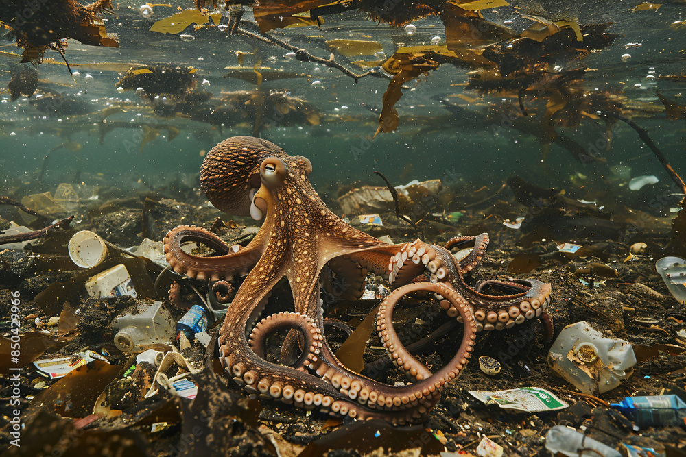Octopus navigating through a sea of plastic waste, highlighting the severe impact of marine pollution on ocean ecosystems and the urgent need for environmental conservation efforts Octopus navigating through a sea of plastic waste, highlighting the severe impact of marine pollution on ocean ecosystems and the urgent need for environmental conservation efforts