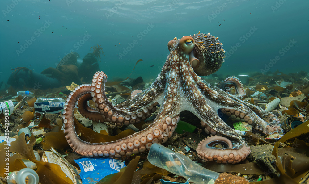 Octopus navigating through a sea of plastic waste, highlighting the severe impact of marine pollution on ocean ecosystems and the urgent need for environmental conservation efforts Octopus navigating through a sea of plastic waste, highlighting the severe impact of marine pollution on ocean ecosystems and the urgent need for environmental conservation efforts