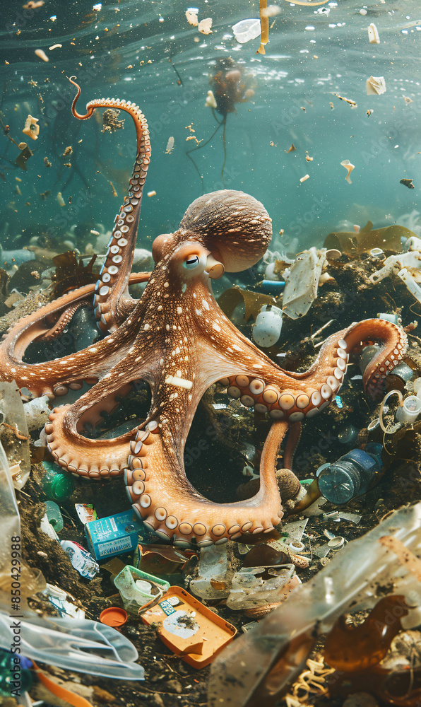 Fototapeta premium Octopus navigating through a sea of plastic waste, highlighting the severe impact of marine pollution on ocean ecosystems and the urgent need for environmental conservation efforts