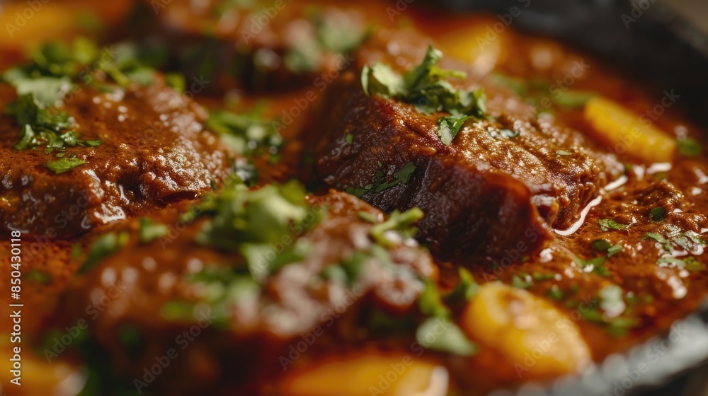 A close-up of a plate of cooked meat and potatoes A close-up of a plate of cooked meat and potatoes