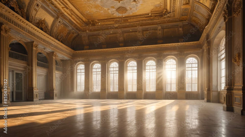 Obraz premium Sunlight flooding an abandoned grand ballroom, illuminating dust particles dancing in the air, Generative AI