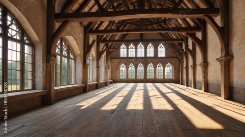 A deserted medieval banquet hall with large windows allowing bright light to pour over ancient wooden beams, Generative AI