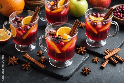 Homemade hot alcohol cranberry orange apple cider punch with cinnamon sticks, anise star and spices. Thanksgiving drink