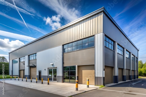 Exterior of a modern warehouse with a small office unit