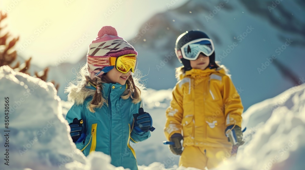 Two children enjoying winter weather and having fun together, great for family or seasonal themes Two children enjoying winter weather and having fun together, great for family or seasonal themes