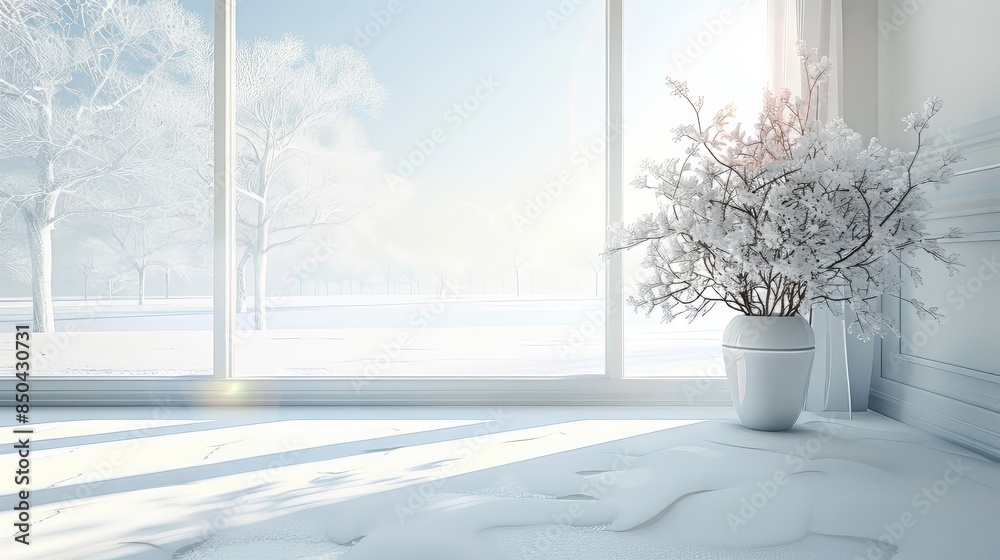 Fototapeta premium Winter Window View With White Flowers